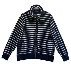 Calvin Klein Navy and White Striped Velour Zip-Up Jacket. Size 0X